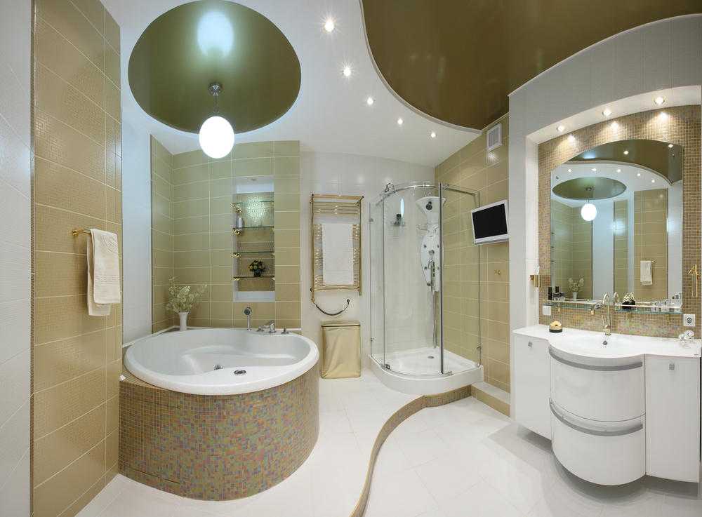 Натяжной потолок в ванную: 125+ (фото) практичных вариантов